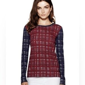 Tory Burch long sleeve plaid colorblock Top, peruvian Cotton, red and blue, sz S
